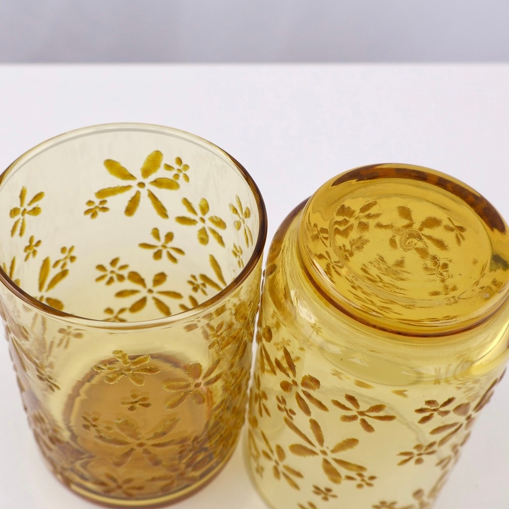 Vintage Libbey Gold Bouquet Amber Glass Tumblers Set 2 Floral Raised Pattern 5" - Picture 3 of 4